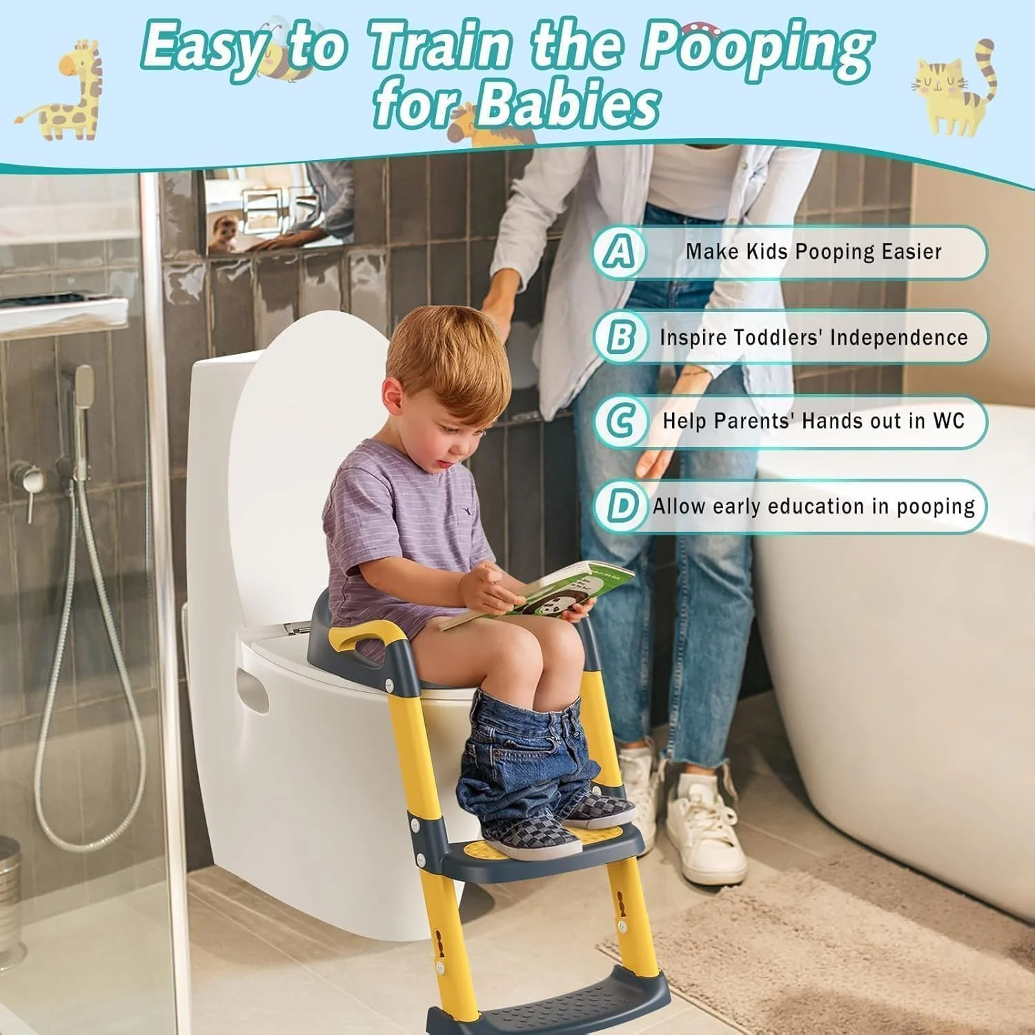 صندلی آموزشی توالت DMG TECH، صندلی آموزشی توالت کودکان با پله، صندلی توالت تاشو قابل حمل با نردبان با ارتفاع قابل تنظیم، دسته محافظ و کوسن نرم سفید برای نوزادان پسر و دختر (آبی) صندلی آموزشی توالت DMG TECH، صندلی آموزشی توالت کودکان با پله، صندلی توالت تاشو قابل حمل با نردبان با ارتفاع قابل تنظیم، دسته محافظ و کوسن نرم سفید برای نوزادان پسر و دختر (آبی)