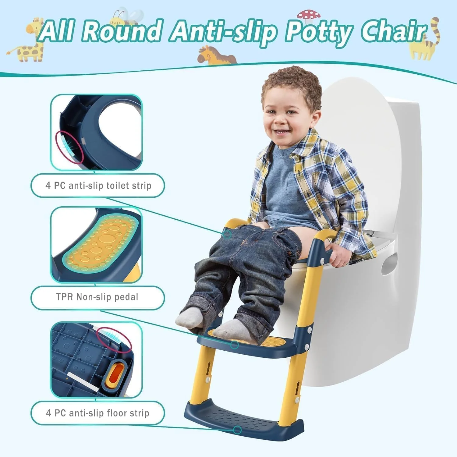 صندلی آموزشی توالت DMG TECH، صندلی آموزشی توالت کودکان با پله، صندلی توالت تاشو قابل حمل با نردبان با ارتفاع قابل تنظیم، دسته محافظ و کوسن نرم سفید برای نوزادان پسر و دختر (آبی) صندلی آموزشی توالت DMG TECH، صندلی آموزشی توالت کودکان با پله، صندلی توالت تاشو قابل حمل با نردبان با ارتفاع قابل تنظیم، دسته محافظ و کوسن نرم سفید برای نوزادان پسر و دختر (آبی)