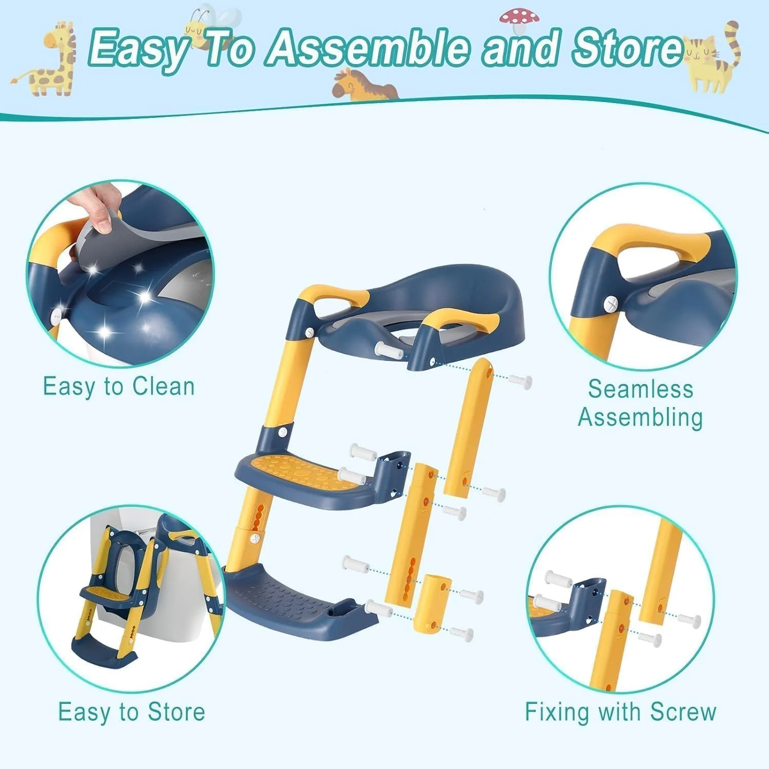 صندلی آموزشی توالت DMG TECH، صندلی آموزشی توالت کودکان با پله، صندلی توالت تاشو قابل حمل با نردبان با ارتفاع قابل تنظیم، دسته محافظ و کوسن نرم سفید برای نوزادان پسر و دختر (آبی) صندلی آموزشی توالت DMG TECH، صندلی آموزشی توالت کودکان با پله، صندلی توالت تاشو قابل حمل با نردبان با ارتفاع قابل تنظیم، دسته محافظ و کوسن نرم سفید برای نوزادان پسر و دختر (آبی)