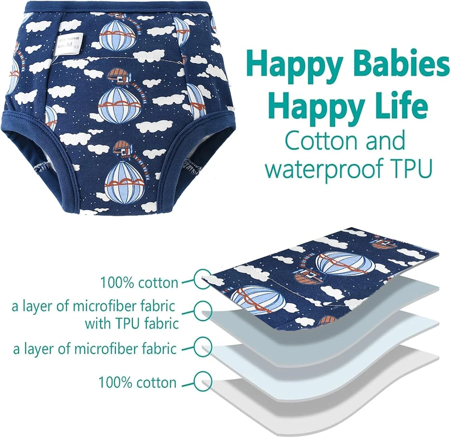 لباس زیر آموزشی توالت کودک Beauenty، 5 عددی، شلوار آموزشی تنفسی، لباس زیر آموزشی کودک نوپا برای کودکان 0-3 ساله، شلوار آموزشی پنبه ای جاذب قوی (پسرانه، S)