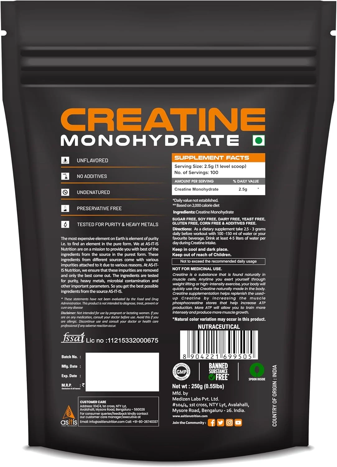 کراتین مونوهیدرات AS-IT-IS Nutrition دارای گواهینامه آزمایشگاهی آمریکا برای دقت و خلوص، مکمل قبل از تمرین، بهبود دهنده حجم عضلانی و ریکاوری و کاهش خستگی عضلانی، بدون طعم دهنده، 250 گرم