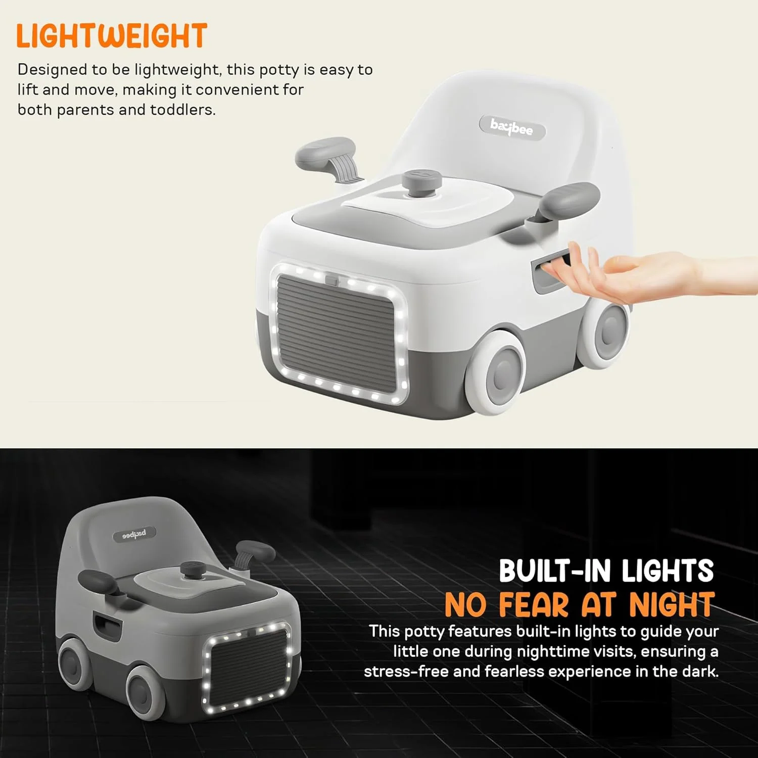صندلی آموزشی توالت کودک 3 در 1 Baybee - صندلی توالت کودک با چراغ LED، دستگیره، کوسن PU و درب بسته شو | صندلی توالت کودک نوپا 1-5 سال (خاکستری)