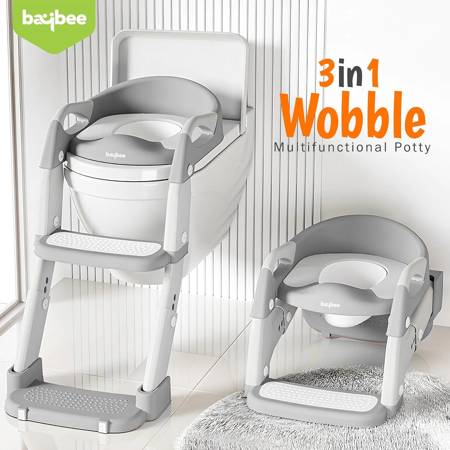 صندلی آموزشی توالت کودک Baybee Wobble مدل 3 در 1 با نردبان، صندلی آموزشی توالت کودک با محافظ پاشش و نشیمنگاه نرم | صندلی توالت کودک نوپا | صندلی آموزشی توالت برای پسران و دختران 1 تا 8 سال (خاکستری)