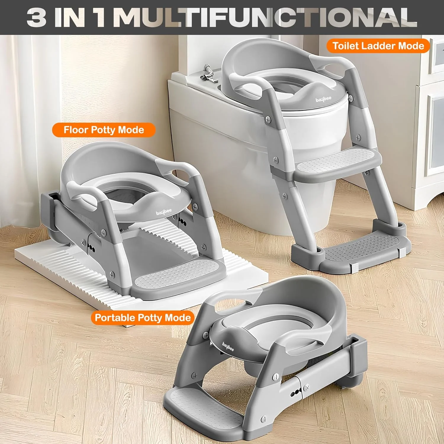 صندلی آموزشی توالت کودک Baybee Wobble مدل 3 در 1 با نردبان، صندلی آموزشی توالت کودک با محافظ پاشش و نشیمنگاه نرم | صندلی توالت کودک نوپا | صندلی آموزشی توالت برای پسران و دختران 1 تا 8 سال (خاکستری)
