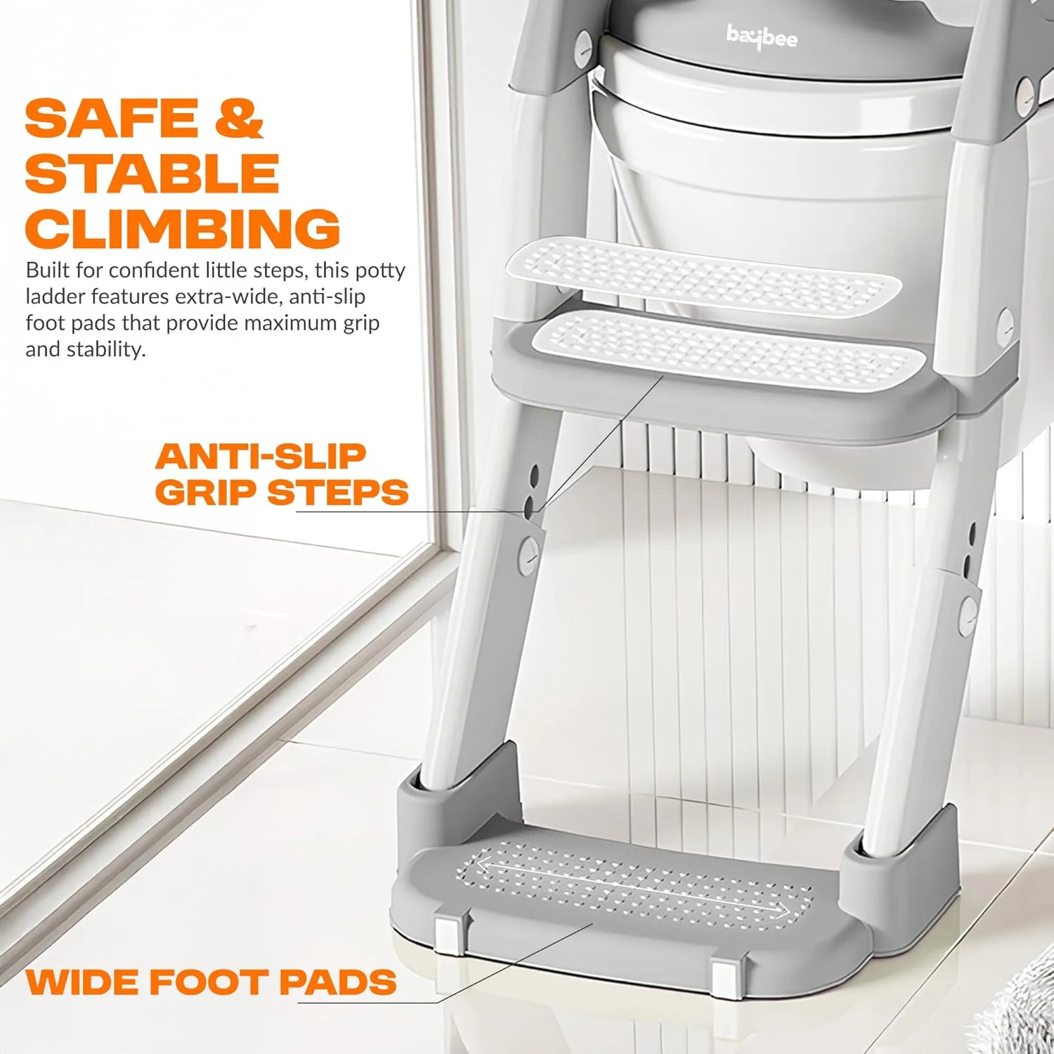 صندلی آموزشی توالت کودک Baybee Wobble مدل 3 در 1 با نردبان، صندلی آموزشی توالت کودک با محافظ پاشش و نشیمنگاه نرم | صندلی توالت کودک نوپا | صندلی آموزشی توالت برای پسران و دختران 1 تا 8 سال (خاکستری)