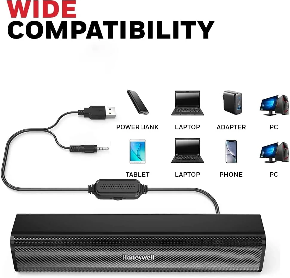 هانیول Moxie V500 ساندبار USB سیمی قابل حمل 10 واتی، اسپیکر برای کامپیوتر، دسکتاپ و لپ تاپ با کنترل صدا و AUX 3.5 میلی متری، 2.0 کانال، درایورهای 52mmX2، اتصال آسان، روکش براق