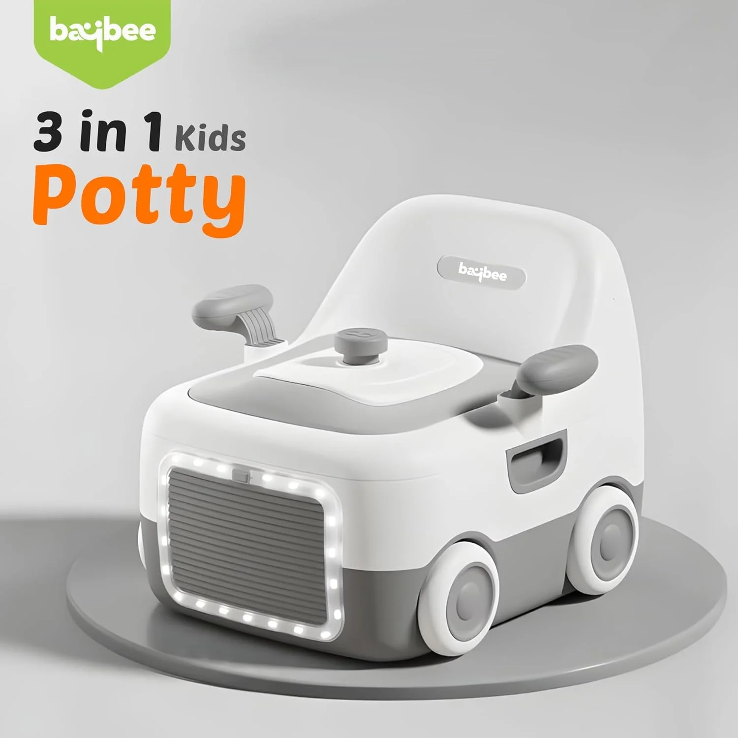 صندلی آموزشی توالت کودک 3 در 1 Baybee - صندلی توالت کودک با چراغ LED، دستگیره، کوسن PU و درب بسته شو | صندلی توالت کودک نوپا 1-5 سال (خاکستری)