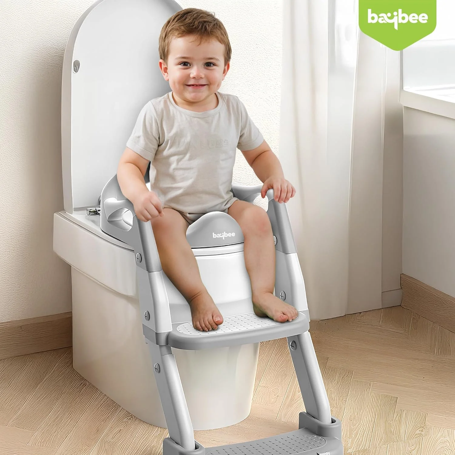 صندلی آموزشی توالت کودک Baybee Wobble مدل 3 در 1 با نردبان، صندلی آموزشی توالت کودک با محافظ پاشش و نشیمنگاه نرم | صندلی توالت کودک نوپا | صندلی آموزشی توالت برای پسران و دختران 1 تا 8 سال (خاکستری)