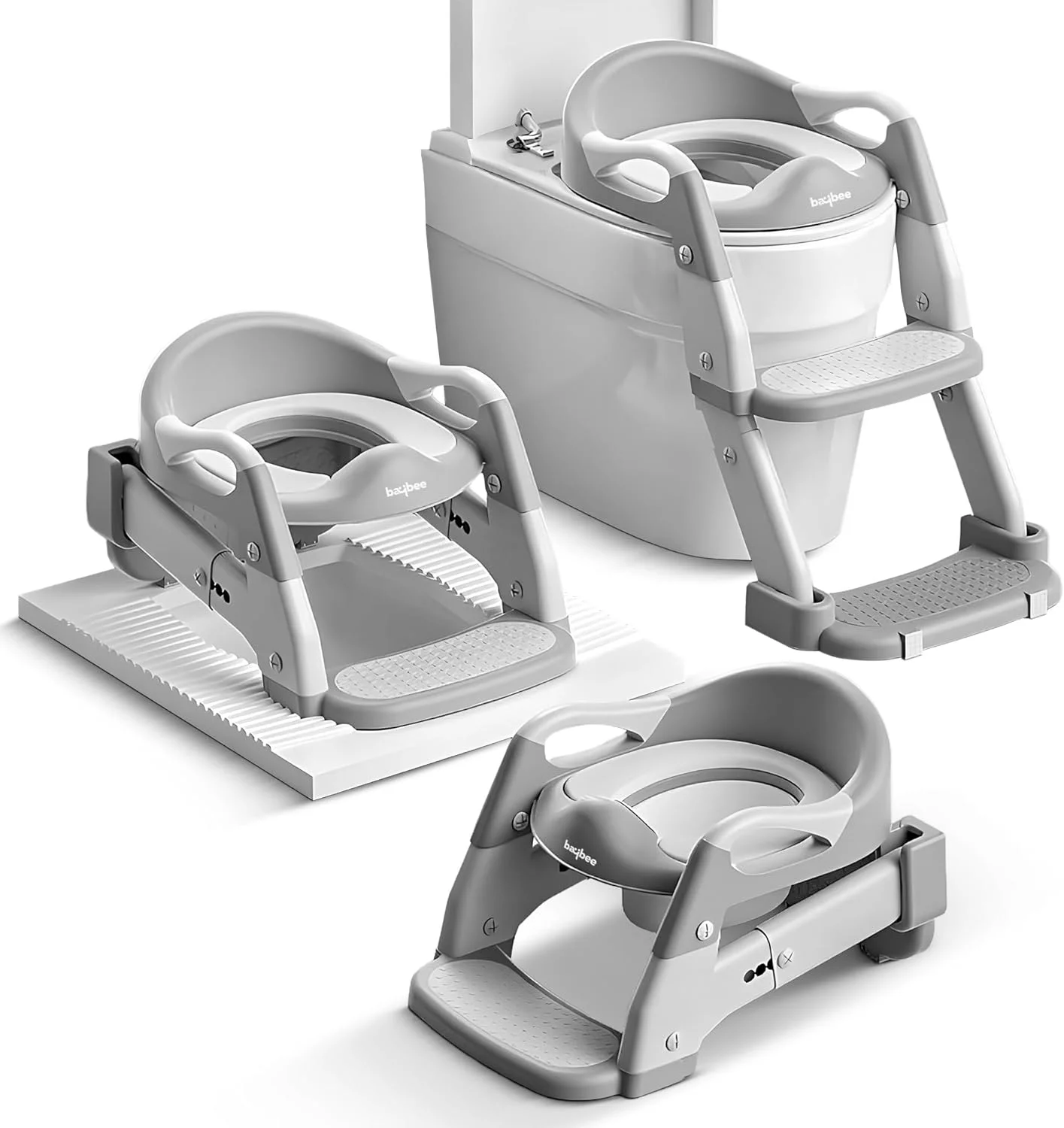 صندلی آموزشی توالت کودک Baybee Wobble مدل 3 در 1 با نردبان، صندلی آموزشی توالت کودک با محافظ پاشش و نشیمنگاه نرم | صندلی توالت کودک نوپا | صندلی آموزشی توالت برای پسران و دختران 1 تا 8 سال (خاکستری)