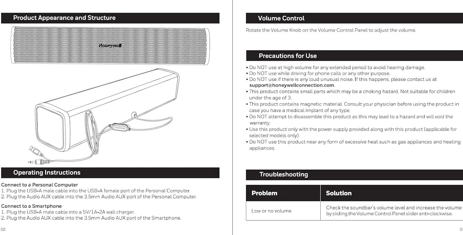 هانیول Moxie V500 ساندبار USB سیمی قابل حمل 10 واتی، اسپیکر برای کامپیوتر، دسکتاپ و لپ تاپ با کنترل صدا و AUX 3.5 میلی متری، 2.0 کانال، درایورهای 52mmX2، اتصال آسان، روکش براق