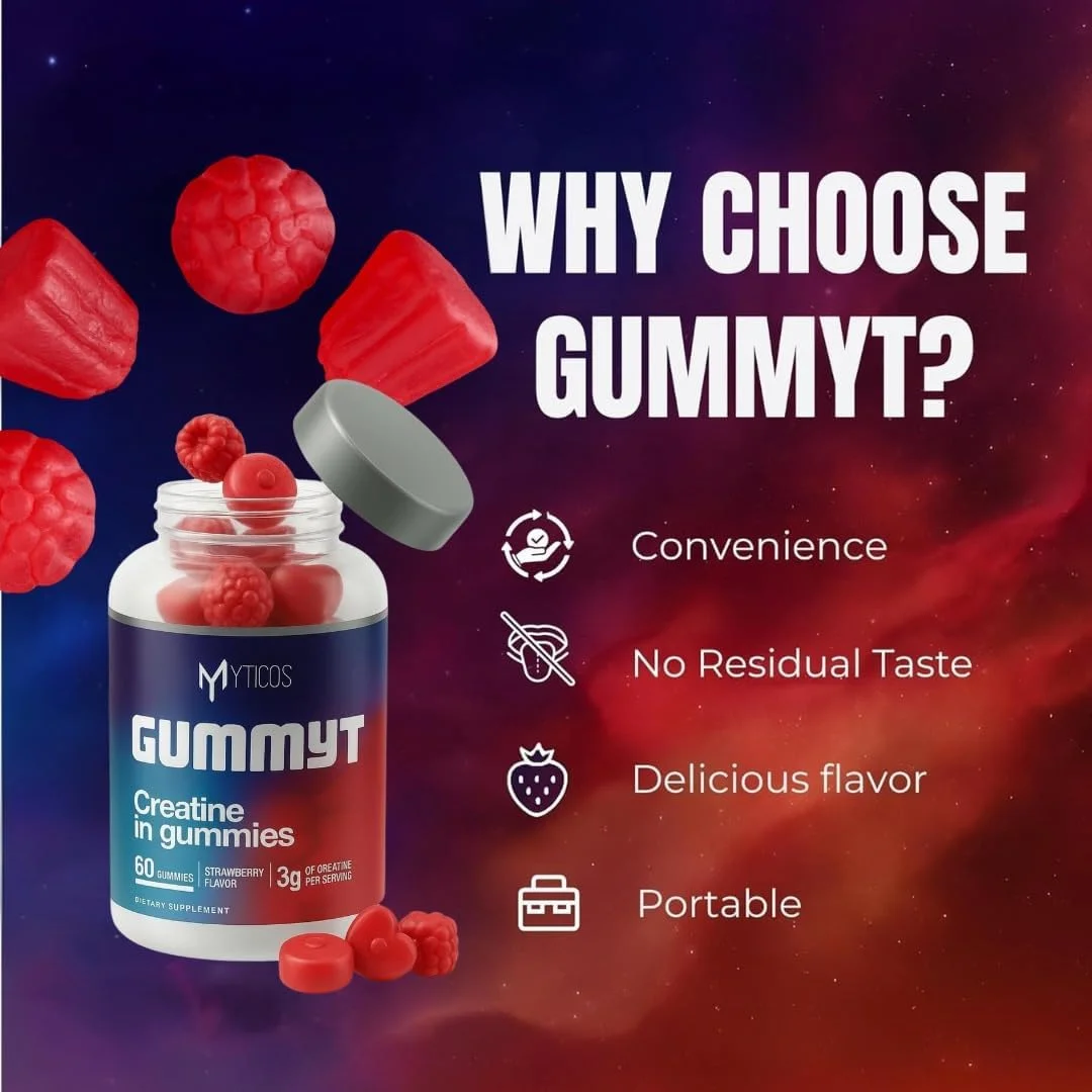 کراتین گامیتی MYTICOS در پاستیل 3000 میلی گرم | تقویت کننده قوی ریکاوری عضلات، قدرت و انرژی | طعم توت فرنگی | بدون شکر افزوده | مکمل کراتین مونوهیدرات برای مردان و زنان | 60 عدد جویدنی آسان