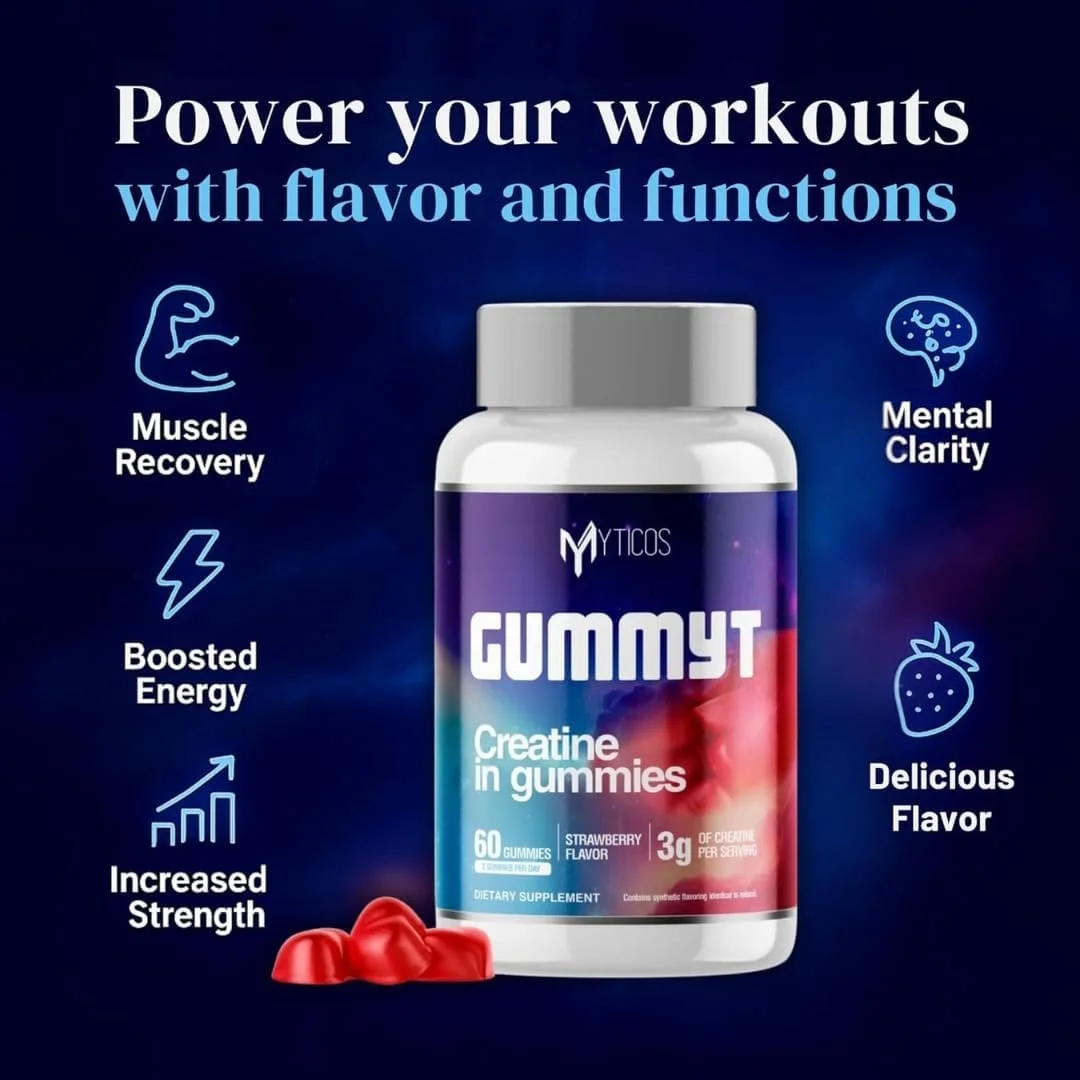 کراتین گامیتی MYTICOS در پاستیل 3000 میلی گرم | تقویت کننده قوی ریکاوری عضلات، قدرت و انرژی | طعم توت فرنگی | بدون شکر افزوده | مکمل کراتین مونوهیدرات برای مردان و زنان | 60 عدد جویدنی آسان