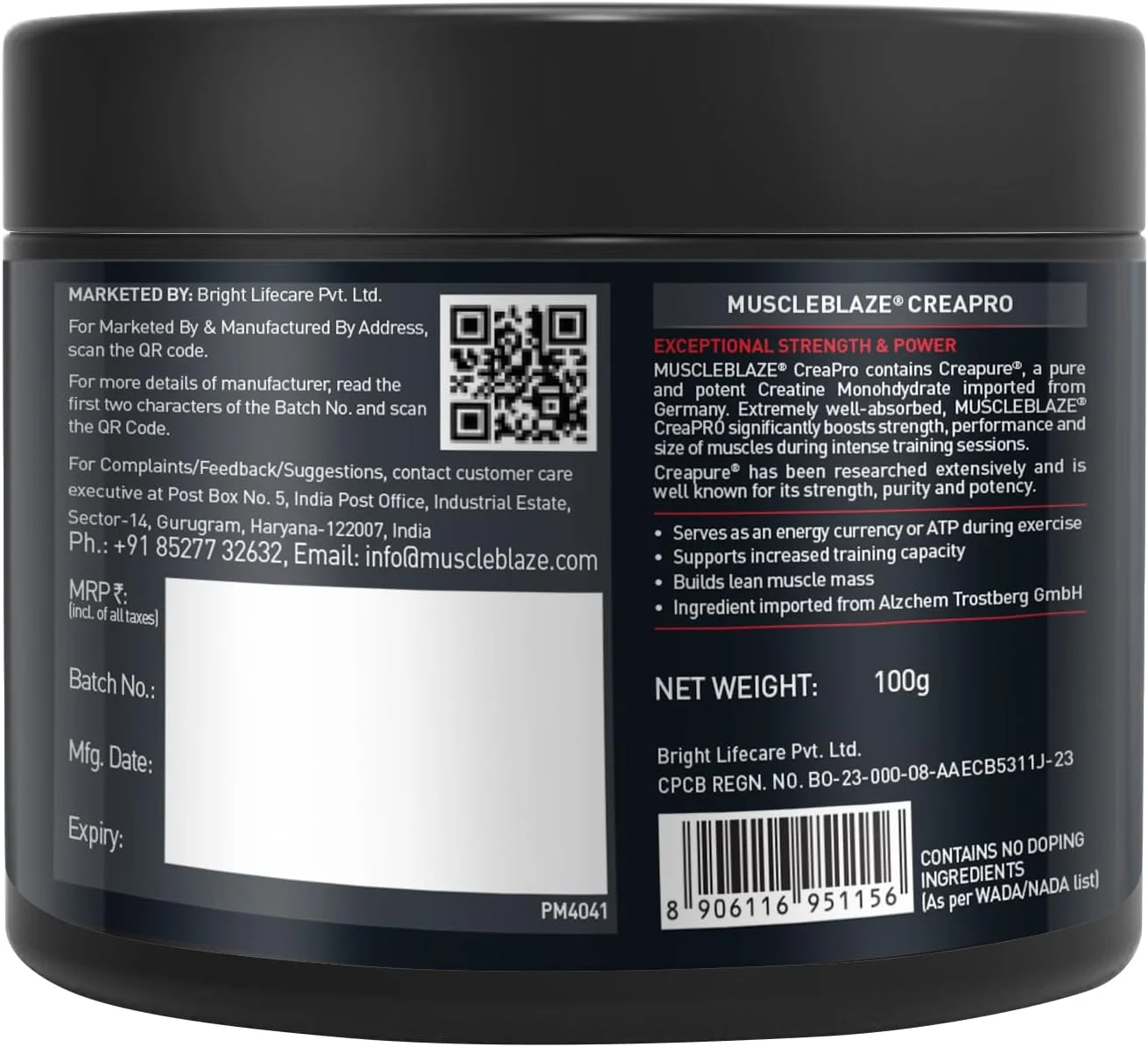 پودر کراتین MuscleBlaze CreaPRO حاوی Creapure® از آلمان، بسته 100 گرمی، بدون طعم