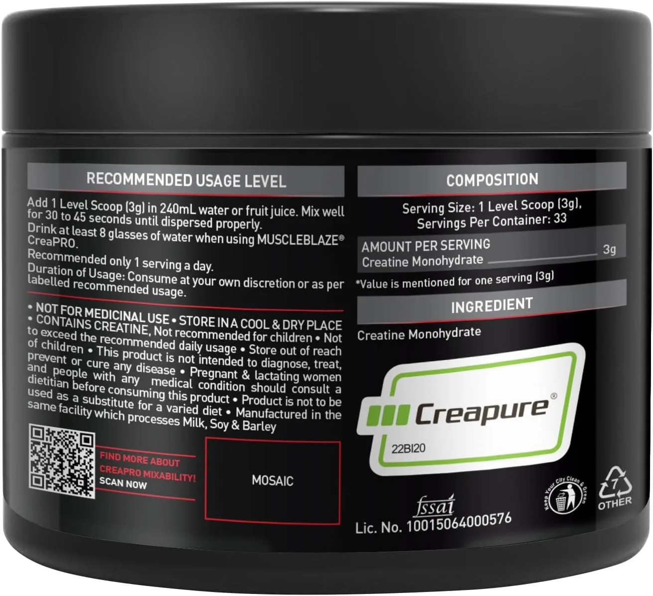 پودر کراتین MuscleBlaze CreaPRO حاوی Creapure® از آلمان، بسته 100 گرمی، بدون طعم