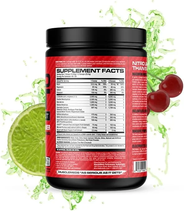 مکمل قبل از تمرین MuscleMeds NITRO LIFT™ برای قدرت و عملکرد - افزایش ATP، انرژی، تمرکز و انگیزه - 5 گرم کراتین، 175 میلی گرم ElevATP، 350 میلی گرم کافئین - 40 سروینگ