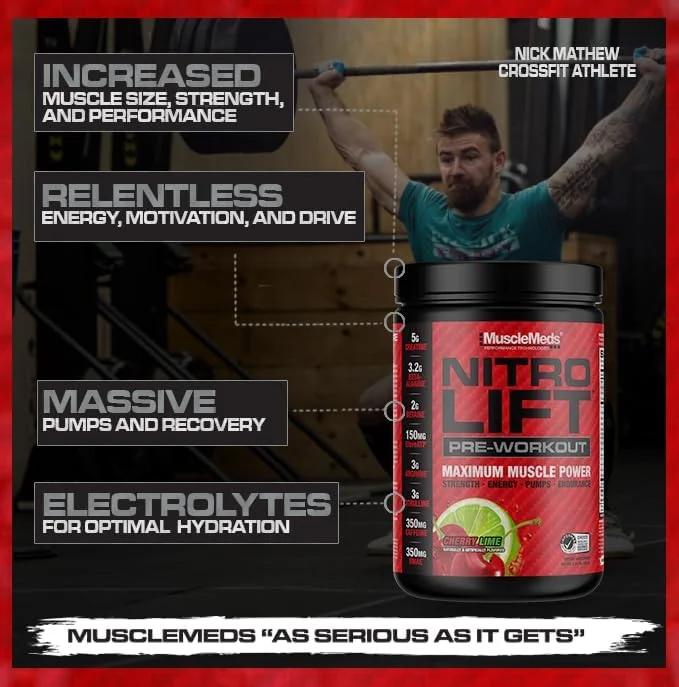 مکمل قبل از تمرین MuscleMeds NITRO LIFT™ برای قدرت و عملکرد - افزایش ATP، انرژی، تمرکز و انگیزه - 5 گرم کراتین، 175 میلی گرم ElevATP، 350 میلی گرم کافئین - 40 سروینگ