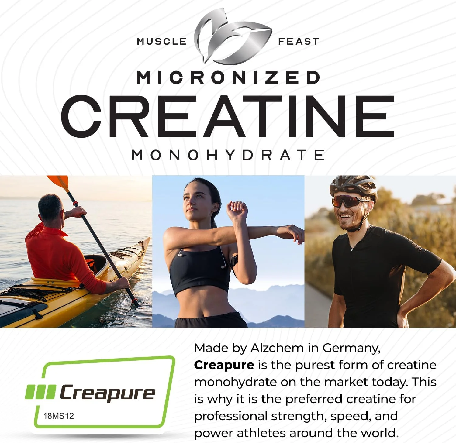 پودر کراتین مونوهیدرات میکرونیزه Creapure Muscle Feast | مکمل عالی قبل یا بعد از تمرین | کراتین برای زنان و مردان | مخلوط آسان، وگان، بدون گلوتن، ایمن و خالص (بدون طعم، 250 گرم)