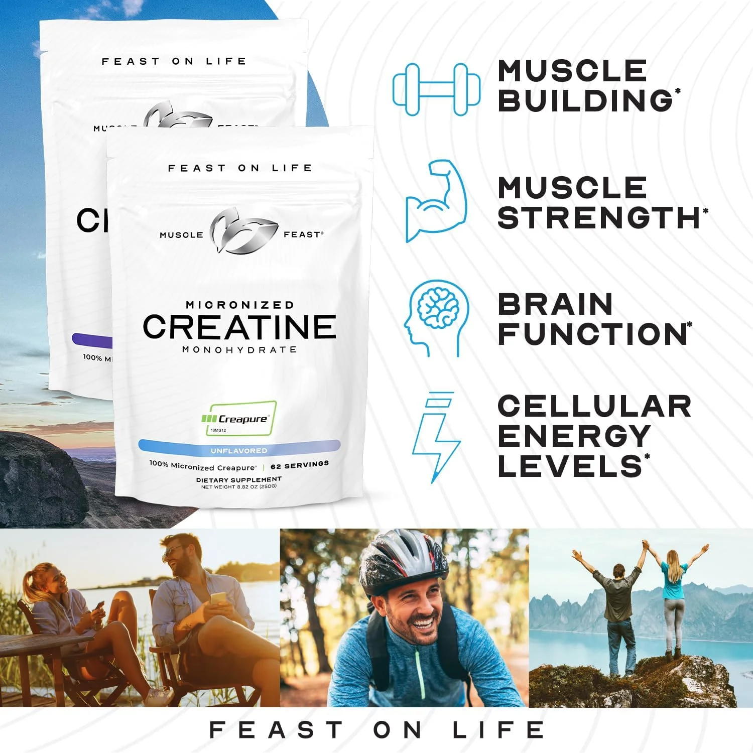 پودر کراتین مونوهیدرات میکرونیزه Creapure Muscle Feast | مکمل عالی قبل یا بعد از تمرین | کراتین برای زنان و مردان | مخلوط آسان، وگان، بدون گلوتن، ایمن و خالص (بدون طعم، 250 گرم)