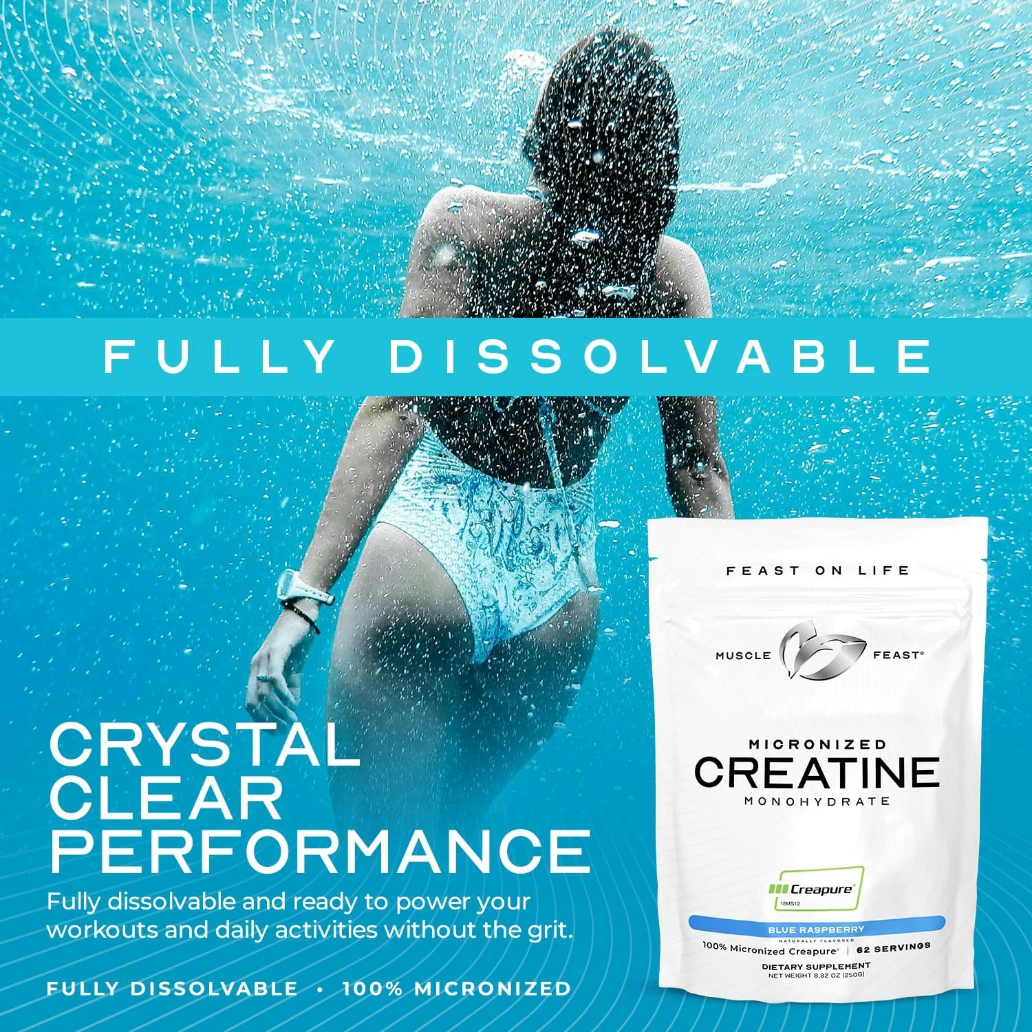 پودر کراتین مونوهیدرات میکرونیزه Creapure Muscle Feast | مکمل عالی قبل یا بعد از تمرین | کراتین برای زنان و مردان | مخلوط آسان، وگان، بدون گلوتن، ایمن و خالص (بدون طعم، 250 گرم)