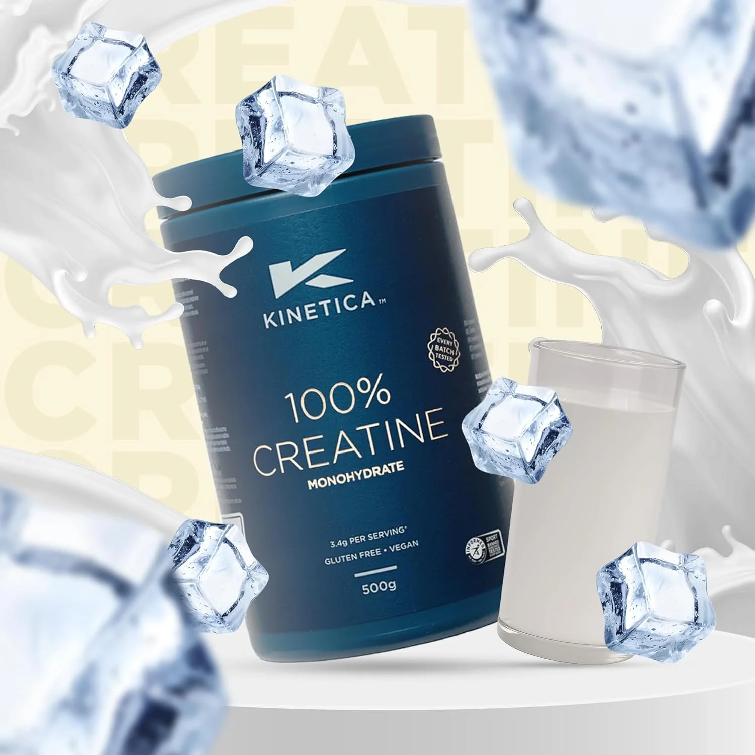 پودر کراتین مونوهیدرات 100% Creapure® کینتیکا اسپورتس - بدون طعم | 3.4 گرم کراتین در هر سروینگ، 147 سروینگ در هر بسته 500 گرمی | وگان و بدون گلوتن | بهینه برای عملکرد فیزیکی بالا و قدرت عضلانی