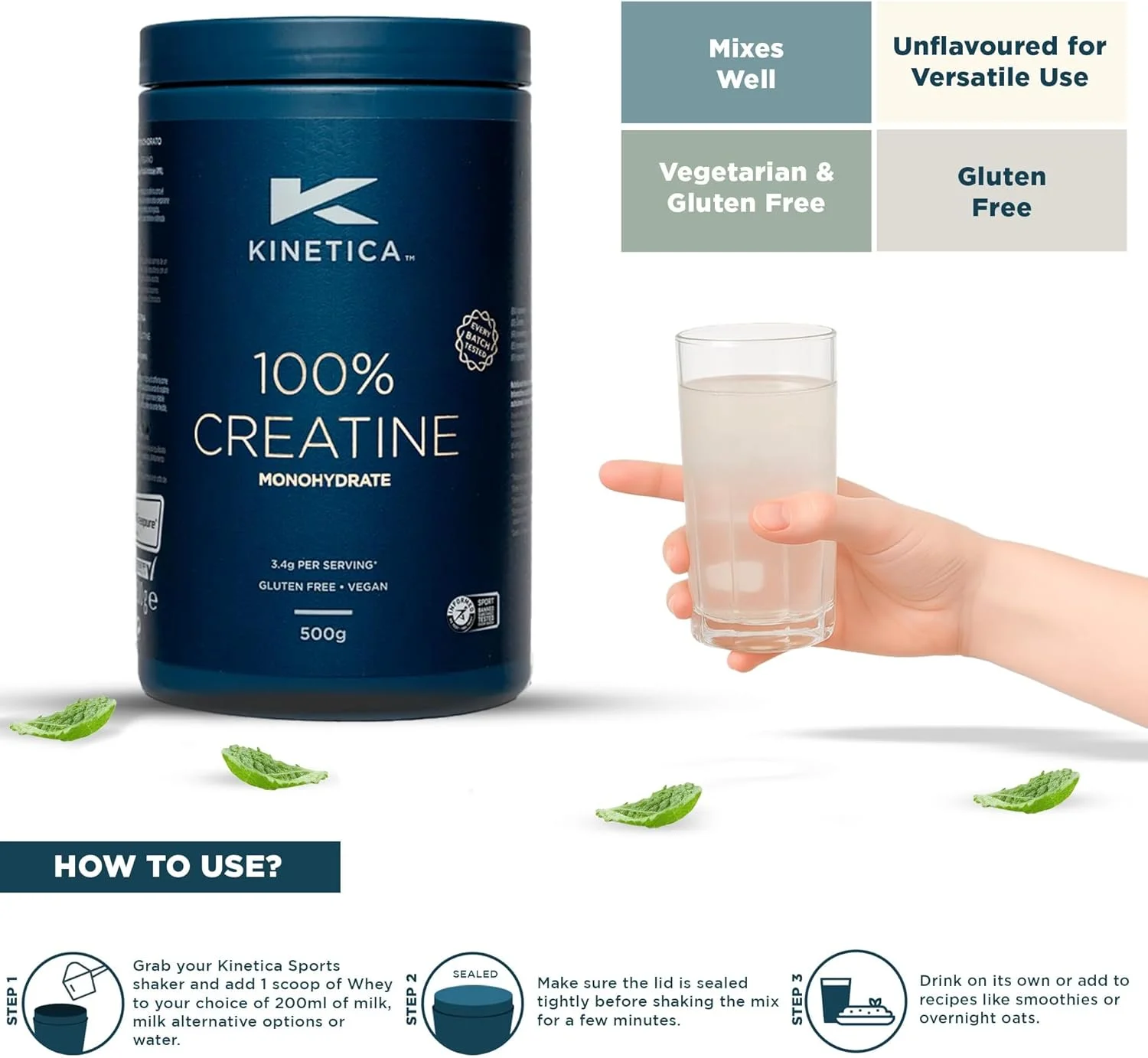 پودر کراتین مونوهیدرات 100% Creapure® کینتیکا اسپورتس - بدون طعم | 3.4 گرم کراتین در هر سروینگ، 147 سروینگ در هر بسته 500 گرمی | وگان و بدون گلوتن | بهینه برای عملکرد فیزیکی بالا و قدرت عضلانی
