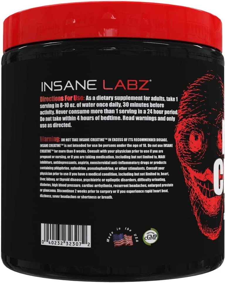 پودر کراتین مونوهیدرات Insane Labz - بدون طعم، قبل تمرین، بعد تمرین، افزایش قدرت و حجم، 60 سروینگ