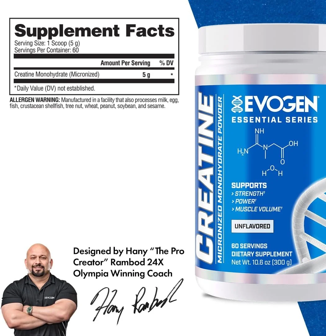 کراتین مونوهیدرات Evogen | مکمل کراتین ممتاز برای رشد عضلات، افزایش قدرت، بهبود خروجی انرژی، پشتیبانی آنتی اکسیدانی و بهبود عملکرد ورزشی | بدون طعم 60 سروینگ