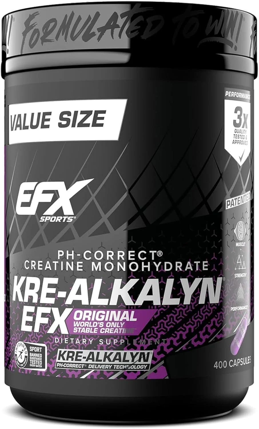 EFX Sports Kre-Alkalyn | کراتین مونوهیدرات با PH اصلاح شده | فرمول ثبت شده، افزایش قدرت، عضله سازی و بهبود عملکرد - 400 کپسول / 200 سروینگ