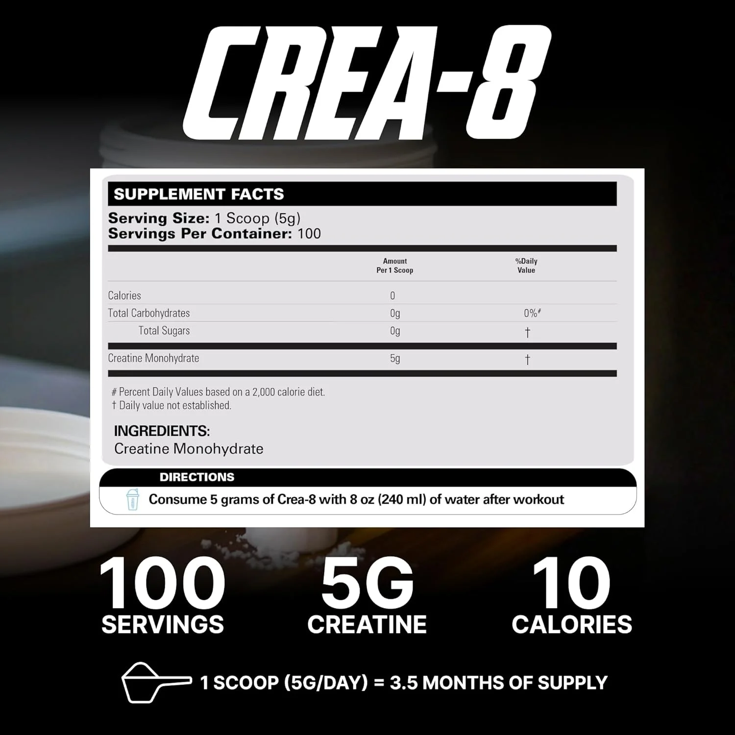 کراتین مونوهیدرات EHP LABS CREA-8 (500 گرم) افزایش حجم عضلانی بدون چربی، بهبود قدرت و توان، تسریع ریکاوری - 100 سروینگ