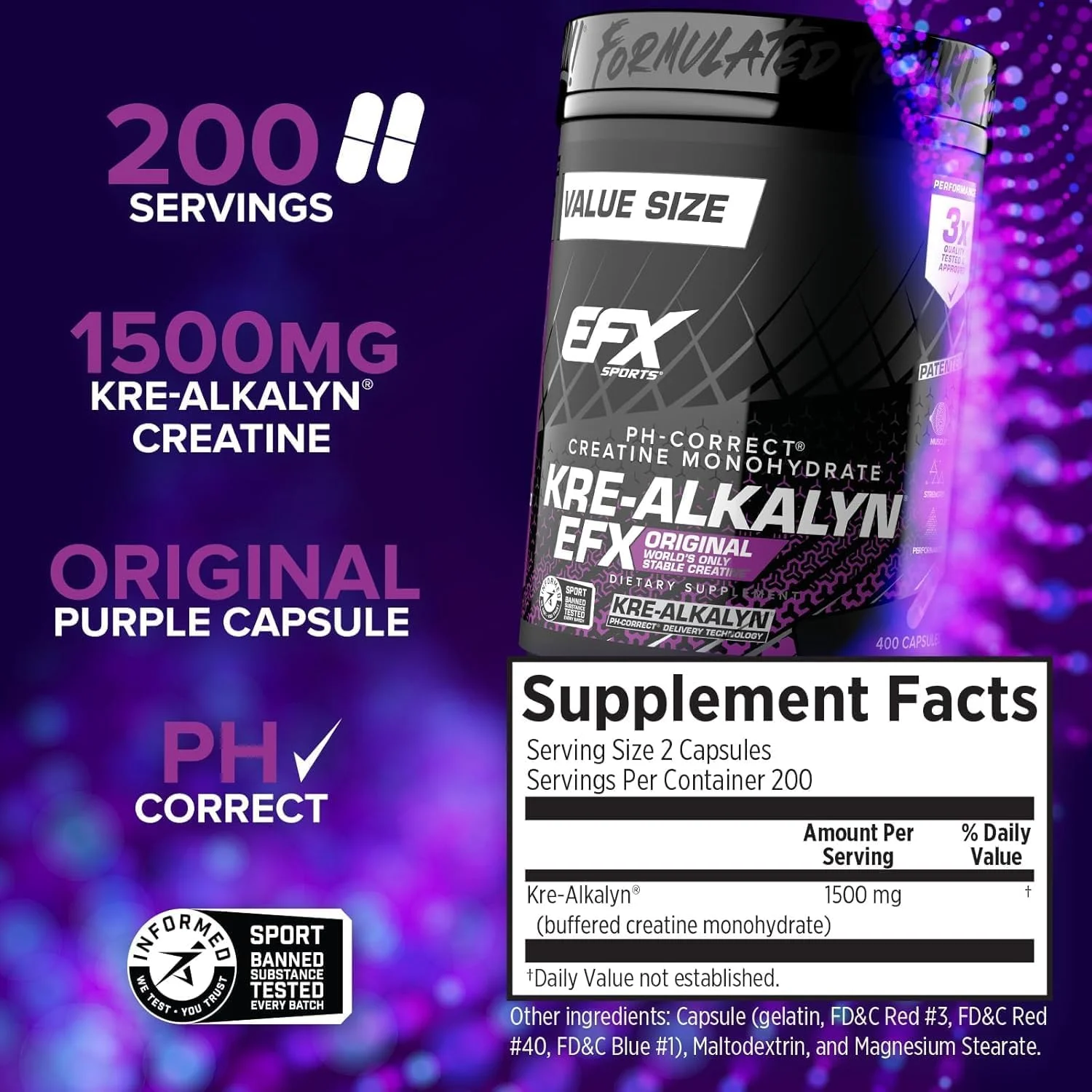 EFX Sports Kre-Alkalyn | کراتین مونوهیدرات با PH اصلاح شده | فرمول ثبت شده، افزایش قدرت، عضله سازی و بهبود عملکرد - 400 کپسول / 200 سروینگ