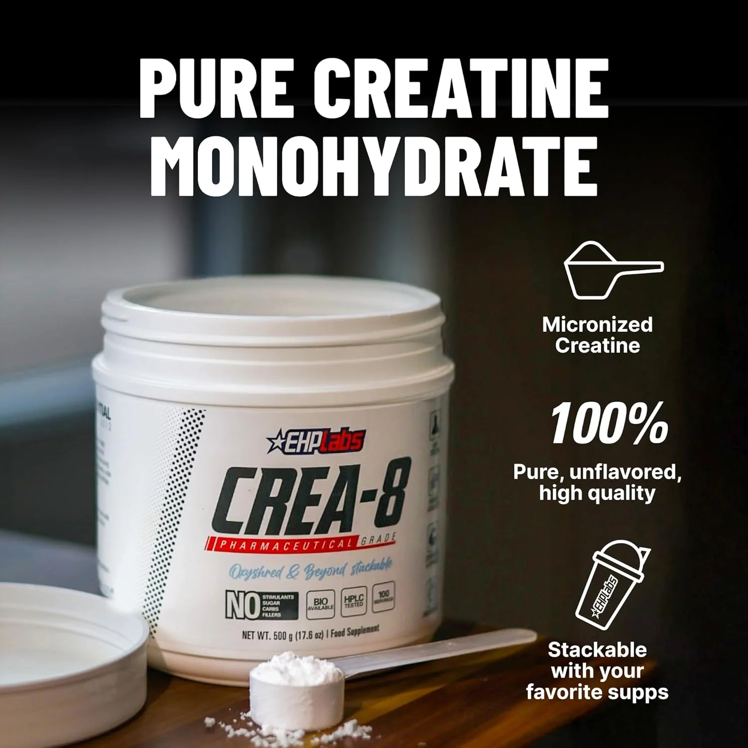 کراتین مونوهیدرات EHP LABS CREA-8 (500 گرم) افزایش حجم عضلانی بدون چربی، بهبود قدرت و توان، تسریع ریکاوری - 100 سروینگ