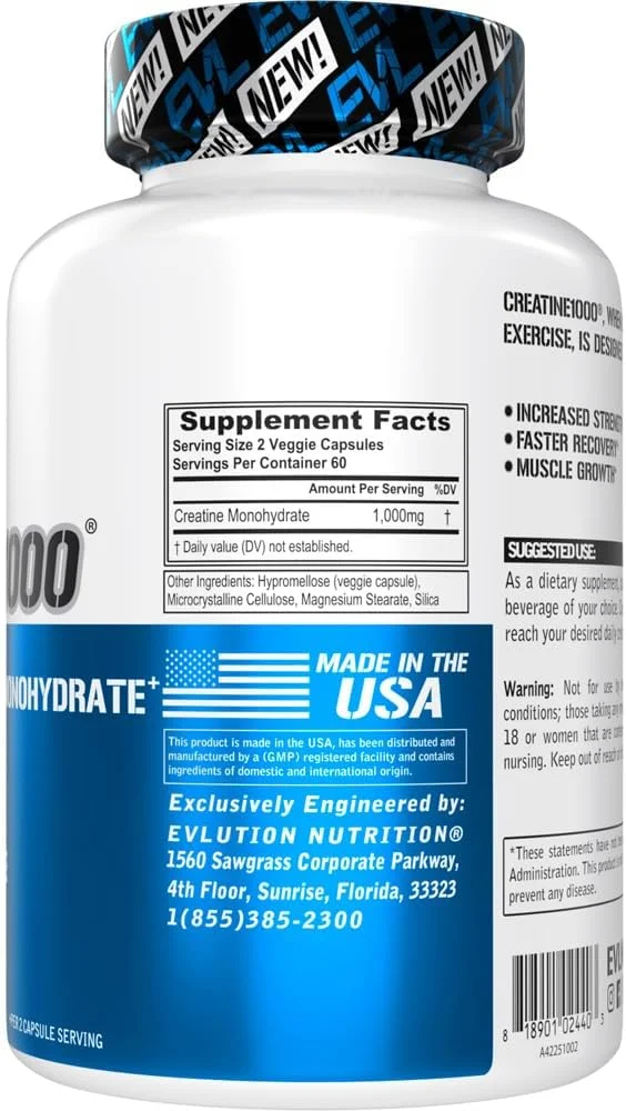 Evlution Pure Creatine Monohydrate Capsules 1000mg Nutrition Pre and Post Workout Recovery Vegan Creatine Pills for Muscle Gains and Muscle Recovery Supplement - Creatine Muscle Builder for Men Evlution Pure Creatine Monohydrate Capsules 1000mg Nutrition Pre and Post Workout Recovery Vegan Creatine Pills for Muscle Gains and Muscle Recovery Supplement - Creatine Muscle Builder for Men