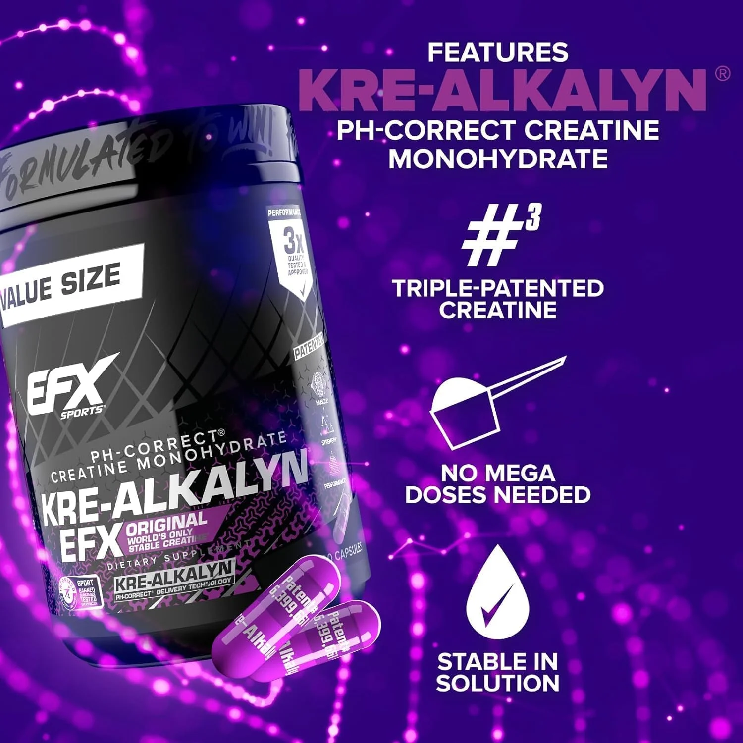 EFX Sports Kre-Alkalyn | کراتین مونوهیدرات با PH اصلاح شده | فرمول ثبت شده، افزایش قدرت، عضله سازی و بهبود عملکرد - 400 کپسول / 200 سروینگ