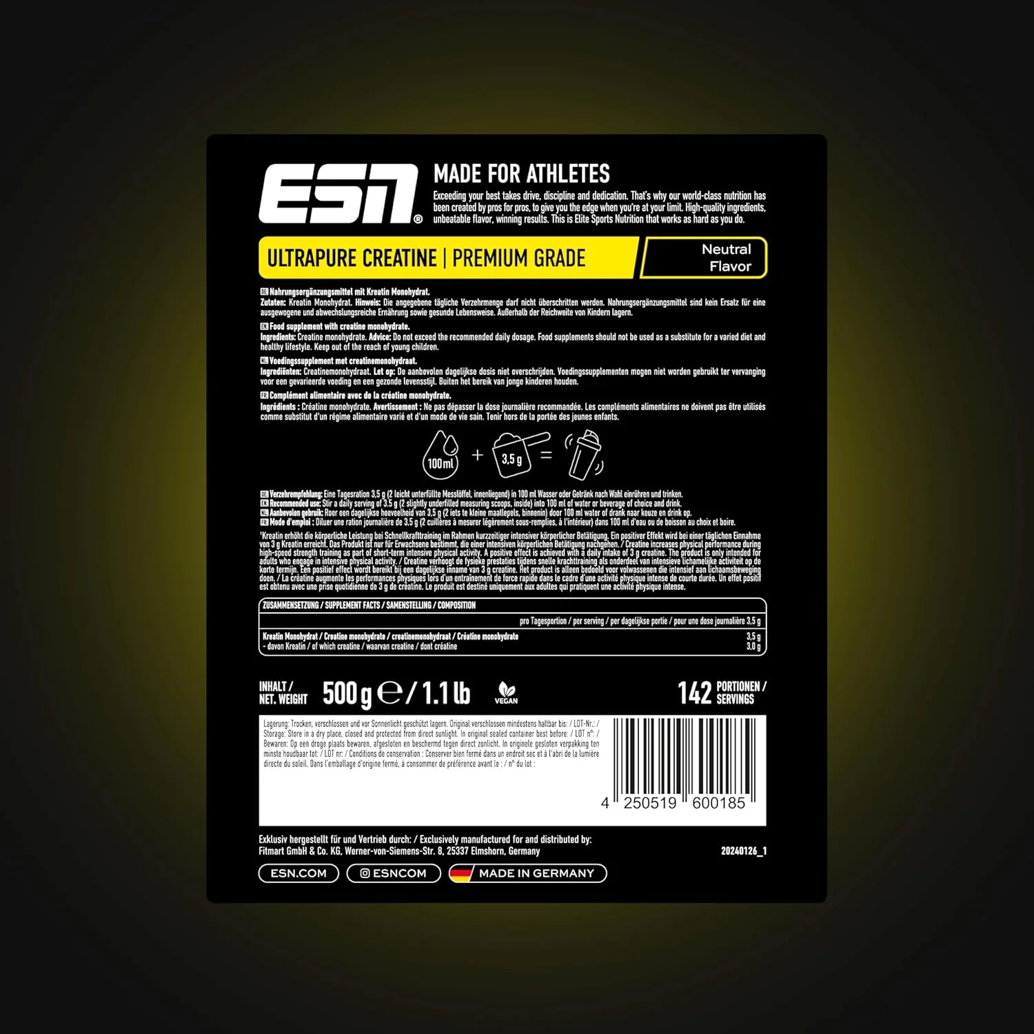 ESN Ultrapure Creatine Monohydrate - Able to increase physical performance during short, high-intensity phases - 500g