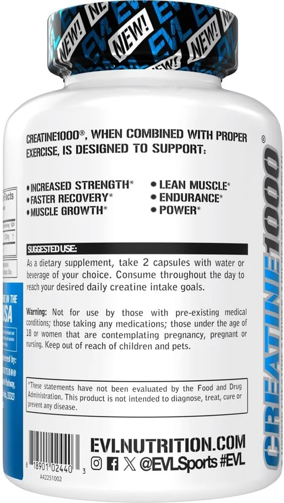Evlution Pure Creatine Monohydrate Capsules 1000mg Nutrition Pre and Post Workout Recovery Vegan Creatine Pills for Muscle Gains and Muscle Recovery Supplement - Creatine Muscle Builder for Men Evlution Pure Creatine Monohydrate Capsules 1000mg Nutrition Pre and Post Workout Recovery Vegan Creatine Pills for Muscle Gains and Muscle Recovery Supplement - Creatine Muscle Builder for Men