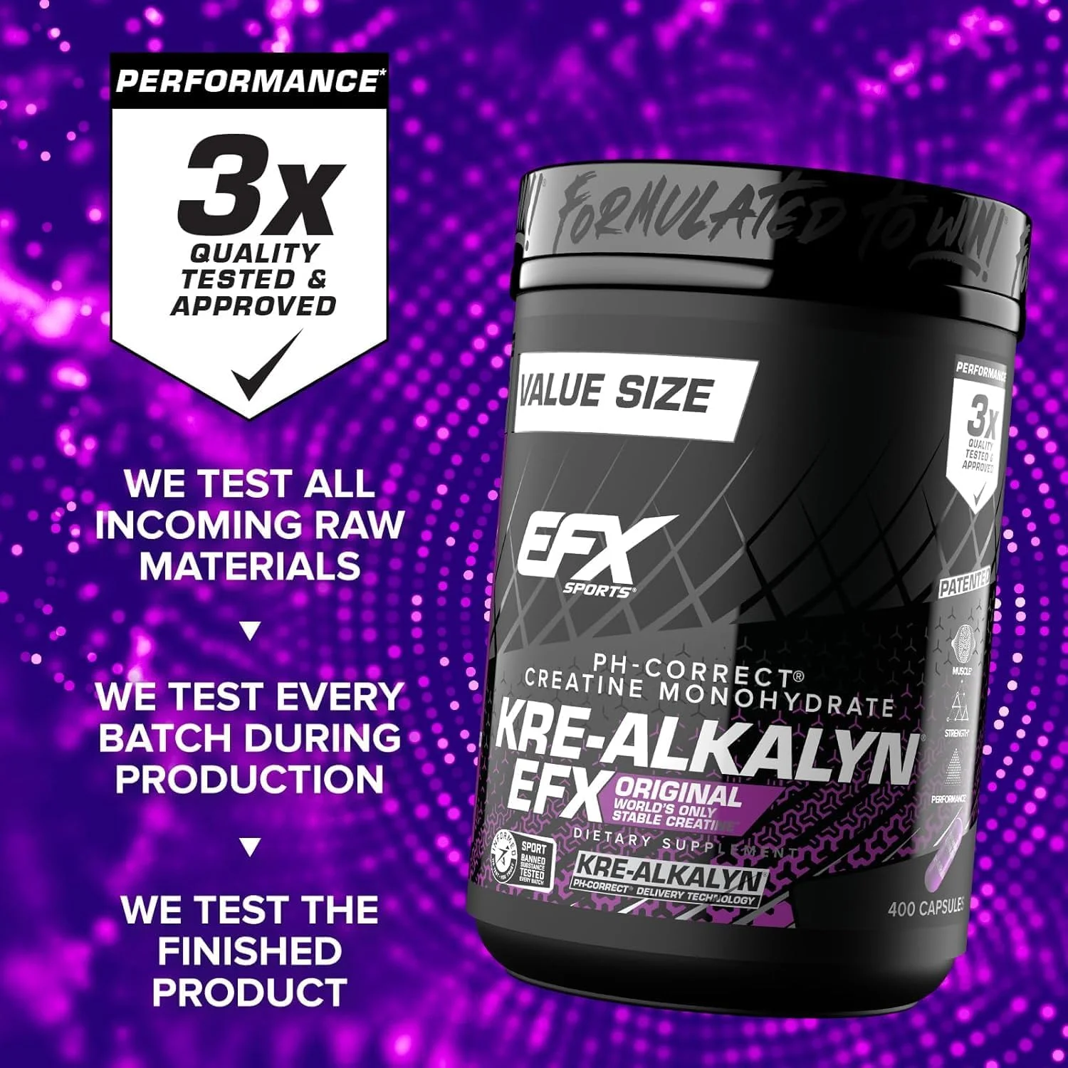 EFX Sports Kre-Alkalyn | کراتین مونوهیدرات با PH اصلاح شده | فرمول ثبت شده، افزایش قدرت، عضله سازی و بهبود عملکرد - 400 کپسول / 200 سروینگ