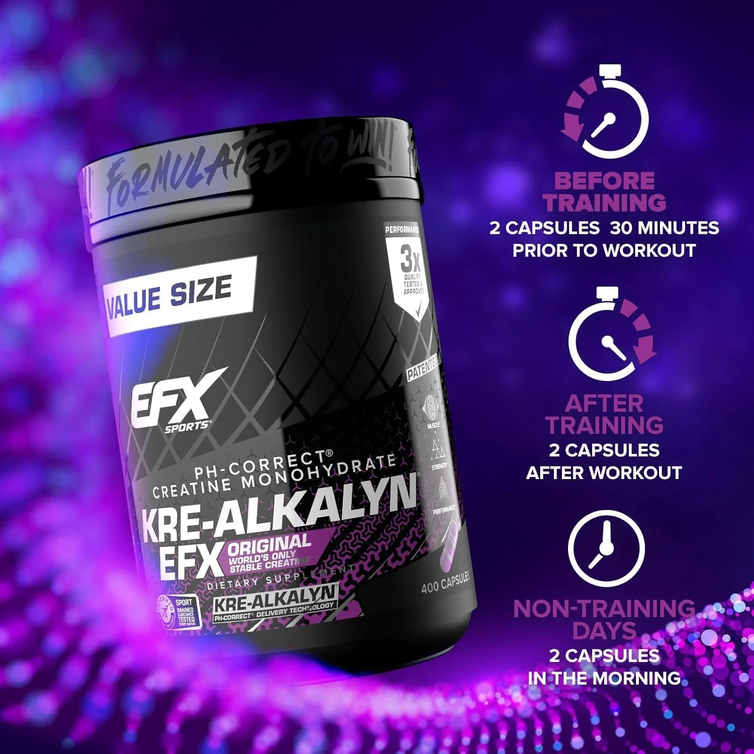 EFX Sports Kre-Alkalyn | کراتین مونوهیدرات با PH اصلاح شده | فرمول ثبت شده، افزایش قدرت، عضله سازی و بهبود عملکرد - 400 کپسول / 200 سروینگ