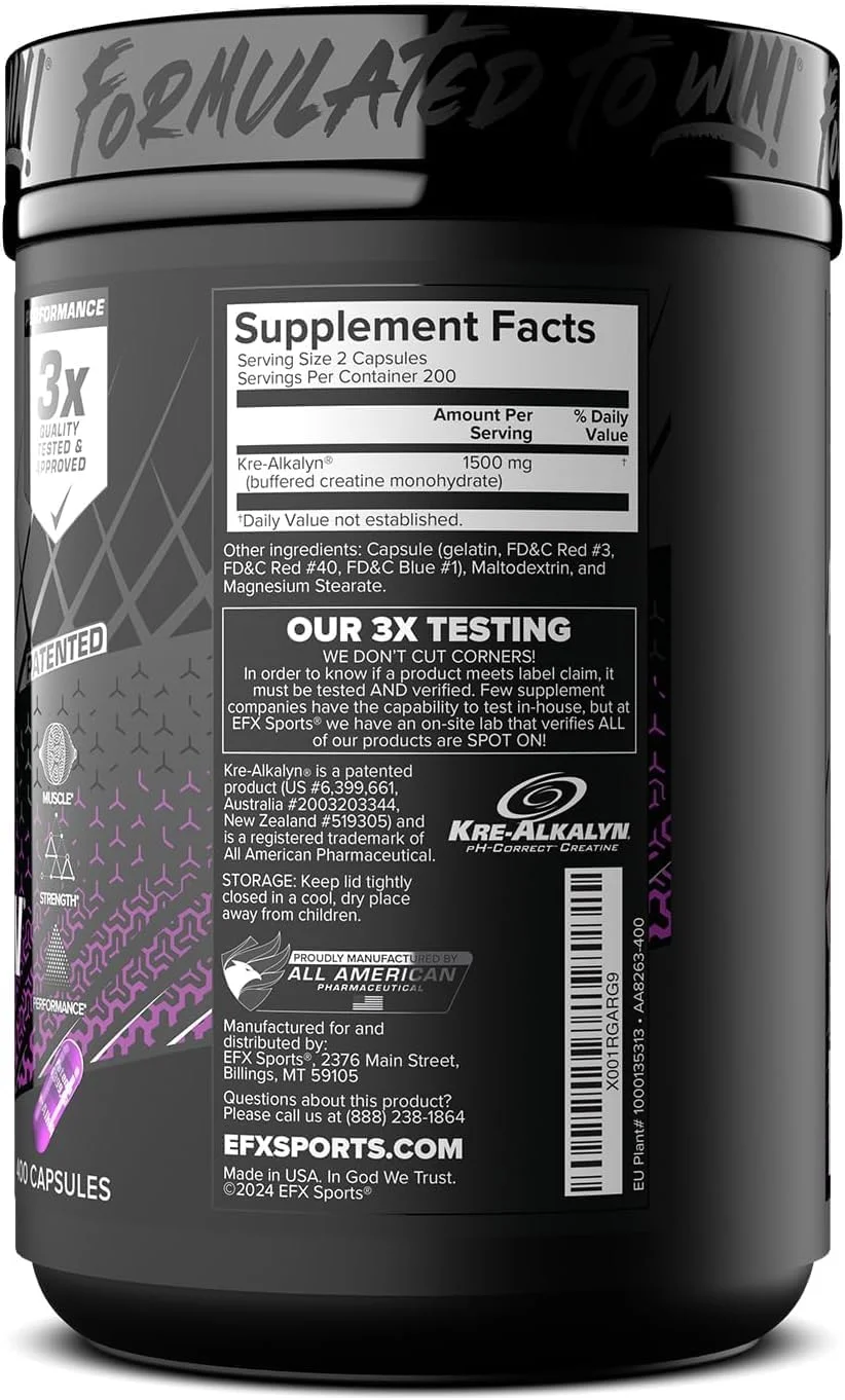 EFX Sports Kre-Alkalyn | کراتین مونوهیدرات با PH اصلاح شده | فرمول ثبت شده، افزایش قدرت، عضله سازی و بهبود عملکرد - 400 کپسول / 200 سروینگ