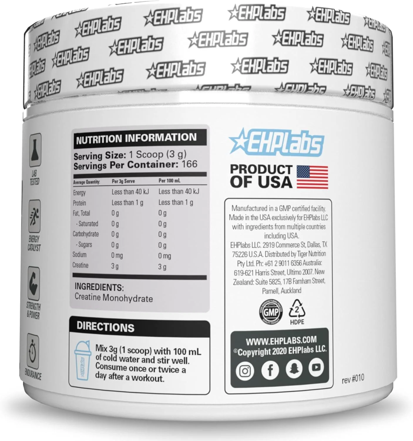 کراتین مونوهیدرات EHP LABS CREA-8 (500 گرم) افزایش حجم عضلانی بدون چربی، بهبود قدرت و توان، تسریع ریکاوری - 100 سروینگ