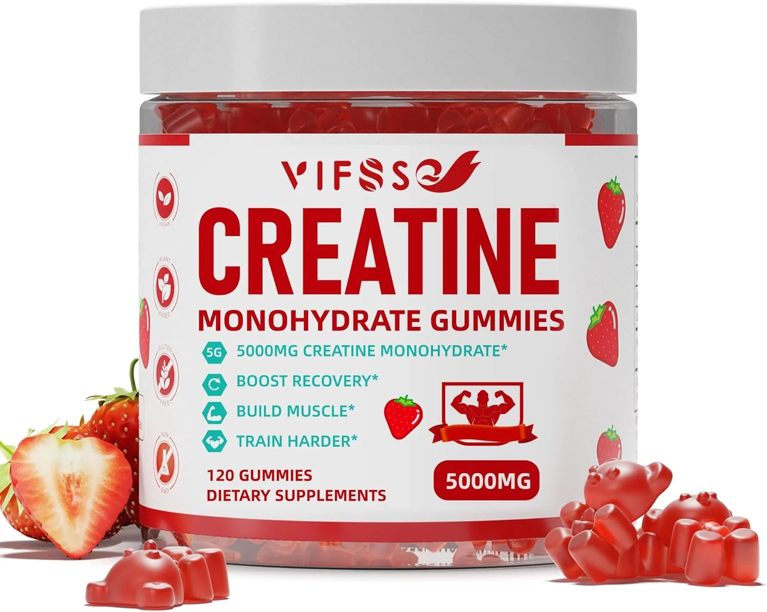پاستیل کراتین مونوهیدرات VIFSSG، ۵ گرم برای آقایان و بانوان، ۱۲۰ پاستیل بدون شکر با ۵۰۰ میلی گرم منیزیم گلیسینات، ۵۰۰ میلی گرم ال-ترئونات برای پشتیبانی از عضلات، افزایش انرژی