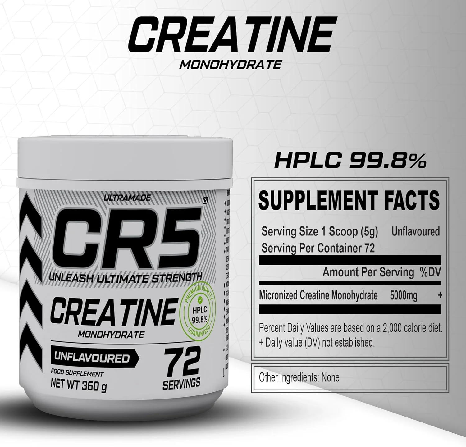 کراتین مونوهیدرات CR5 - بدون طعم، 360 گرم (72 سروینگ) - کراتین میکرونیزه خالص 99.8% HPLC ممتاز