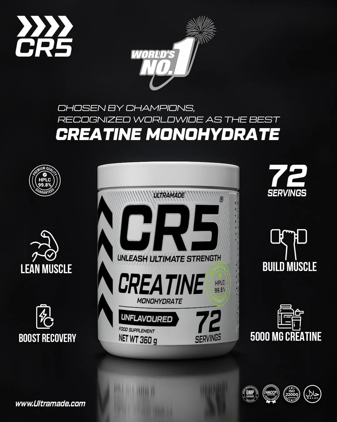 کراتین مونوهیدرات CR5 - بدون طعم، 360 گرم (72 سروینگ) - کراتین میکرونیزه خالص 99.8% HPLC ممتاز