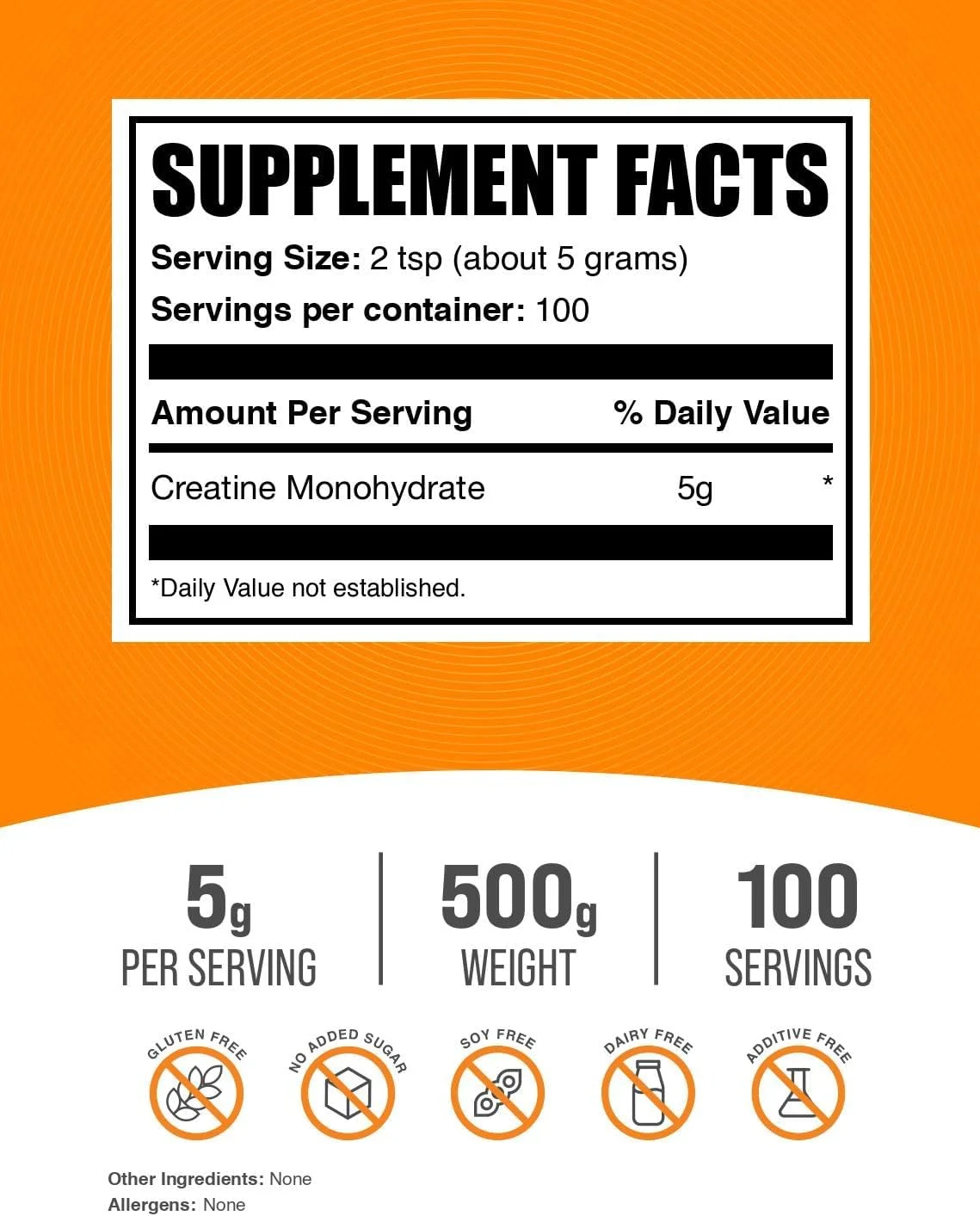پودر کراتین مونوهیدرات BULKSUPPLEMENTS.COM - 5 گرم (5000 میلی گرم) پودر کراتین میکرونیزه در هر وعده، 500 گرم
