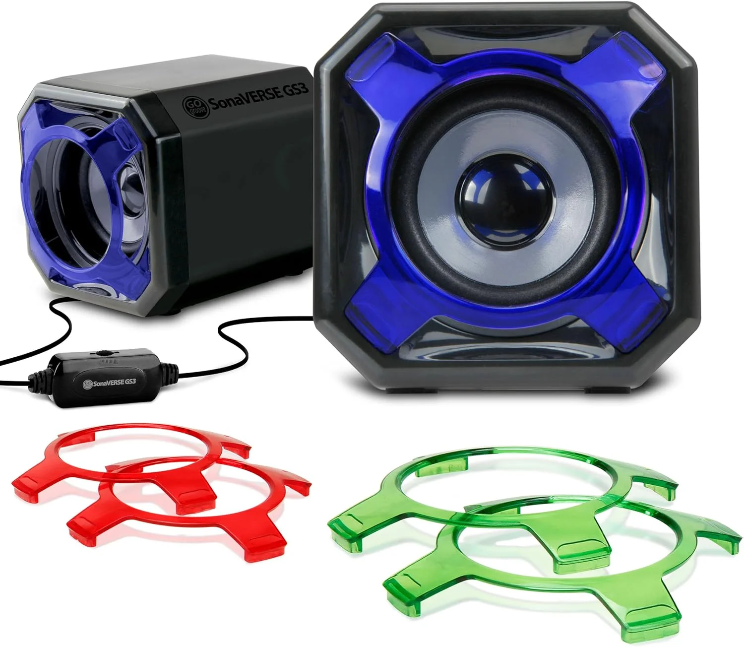 اسپیکر کامپیوتر USB دار GOgroove SonaVERSE GS3 با ورودی AUX سیمی 3.5 میلی‌متری، رادیاتورهای باس 60 میلی‌متری، دکمه تنظیم صدا و توری‌های رنگی قابل تعویض (قرمز، سبز، آبی) برای کامپیوتر، دسکتاپ و لپ‌تاپ