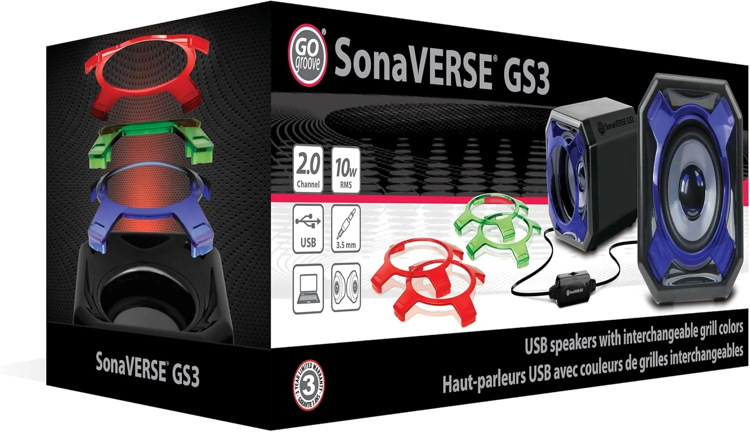 اسپیکر کامپیوتر USB دار GOgroove SonaVERSE GS3 با ورودی AUX سیمی 3.5 میلیمتری، رادیاتورهای باس 60 میلیمتری، دکمه تنظیم صدا و توریهای رنگی قابل تعویض (قرمز، سبز، آبی) برای کامپیوتر، دسکتاپ و لپتاپ اسپیکر کامپیوتر USB دار GOgroove SonaVERSE GS3 با ورودی AUX سیمی 3.5 میلیمتری، رادیاتورهای باس 60 میلیمتری، دکمه تنظیم صدا و توریهای رنگی قابل تعویض (قرمز، سبز، آبی) برای کامپیوتر، دسکتاپ و لپتاپ