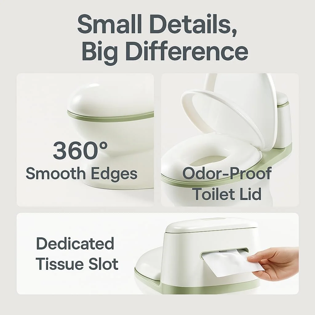 توالت آموزشی کودک Babycare - صندلی توالت فرنگی قابل حمل با درب، دسته، پشتی، کاسه جداشدنی و پایه ضد لغزش برای کودکان نوپا، رنگ های متنوع (آبی مونین)