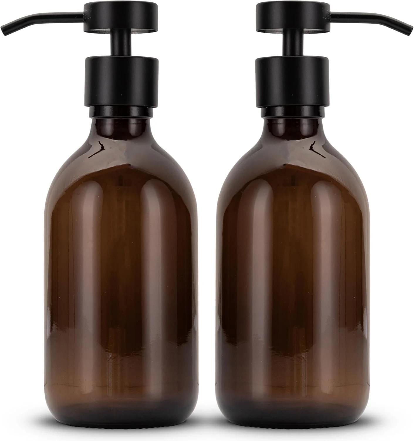 دیسپنسر صابون شیشه‌ای طرح کوفس برای حمام و آشپزخانه - دیسپنسر مایع صابون شیشه‌ای قهوه‌ای - مدرن - دیسپنسر پمپی برای صابون، مایع ظرفشویی و کرم دست - دیسپنسر سینک - بسته‌بندی ساده