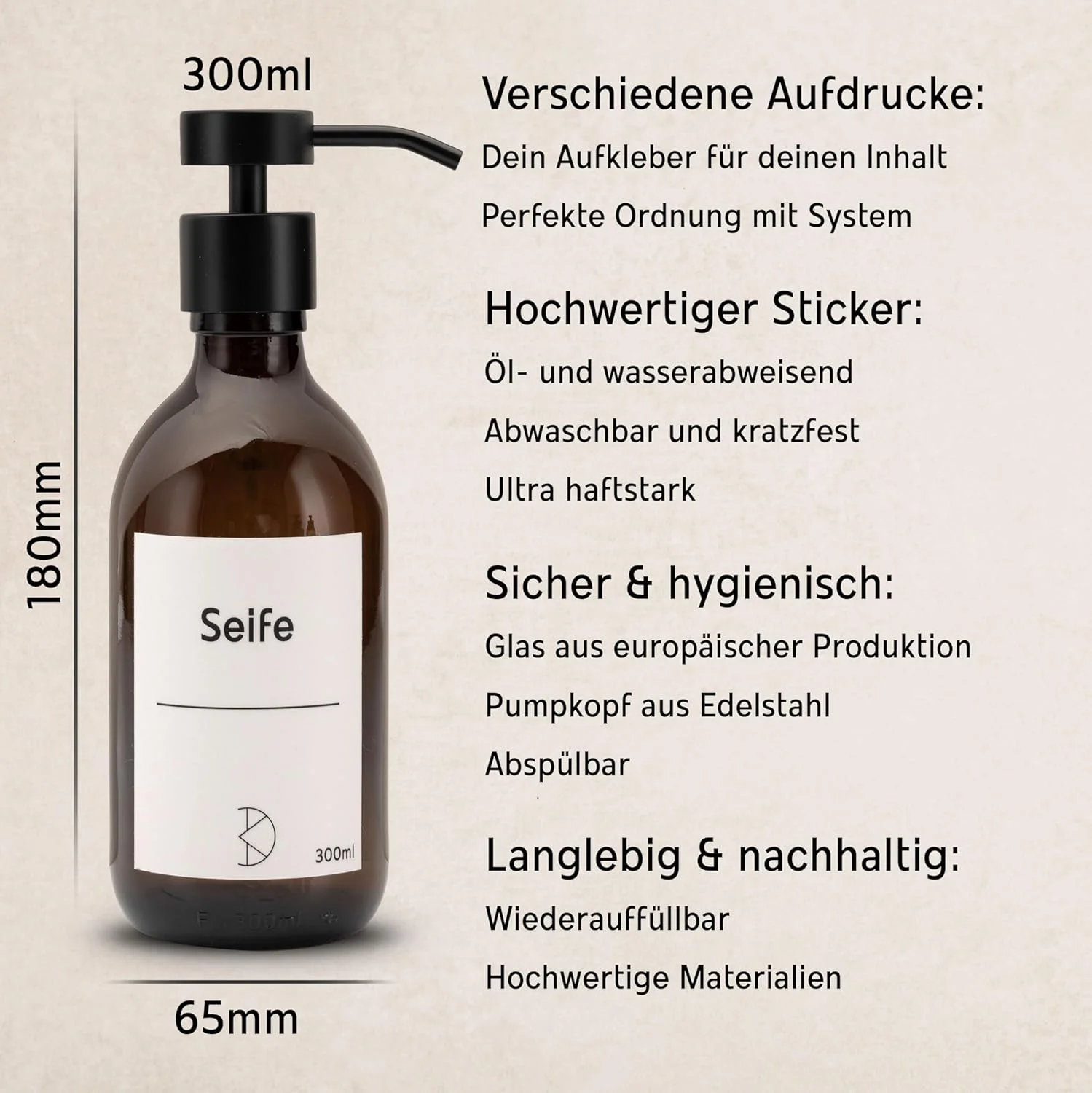 جا مایع ظرفشویی شیشه ای Koffs Design برای حمام و آشپزخانه - جا مایع ظرفشویی ساخته شده از شیشه قهوه ای - مدرن - جا پمپی برای صابون، مایع ظرفشویی و کرم دست - جا سینکی - بسته بندی خالی