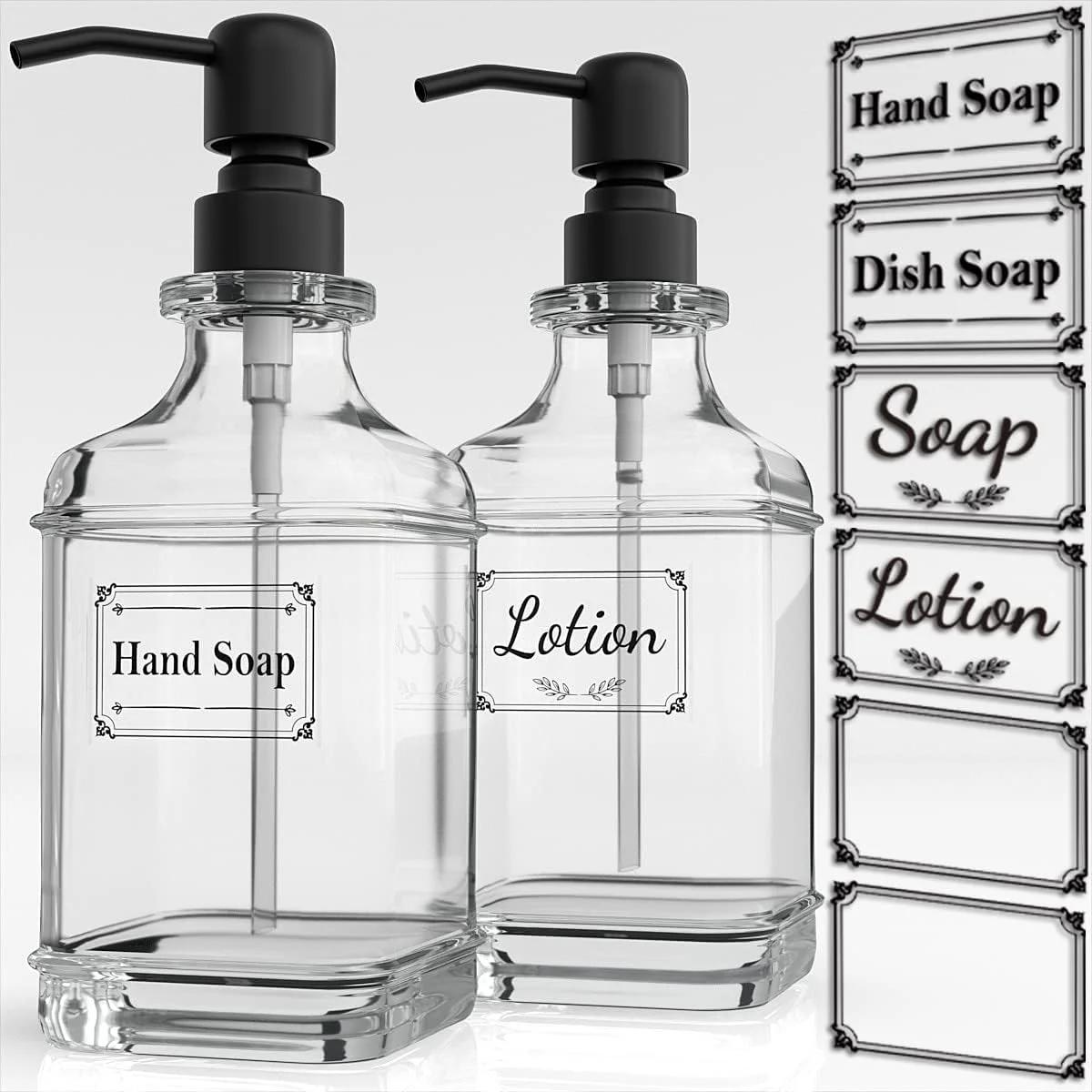 دیسپنسر صابون شیشه‌ای دوکو، طراحی آنتیک ۱۸ اونسی، شیشه ضخیم، با پمپ استیل و ۶ برچسب شفاف، برای آشپزخانه، حمام (مشکی)