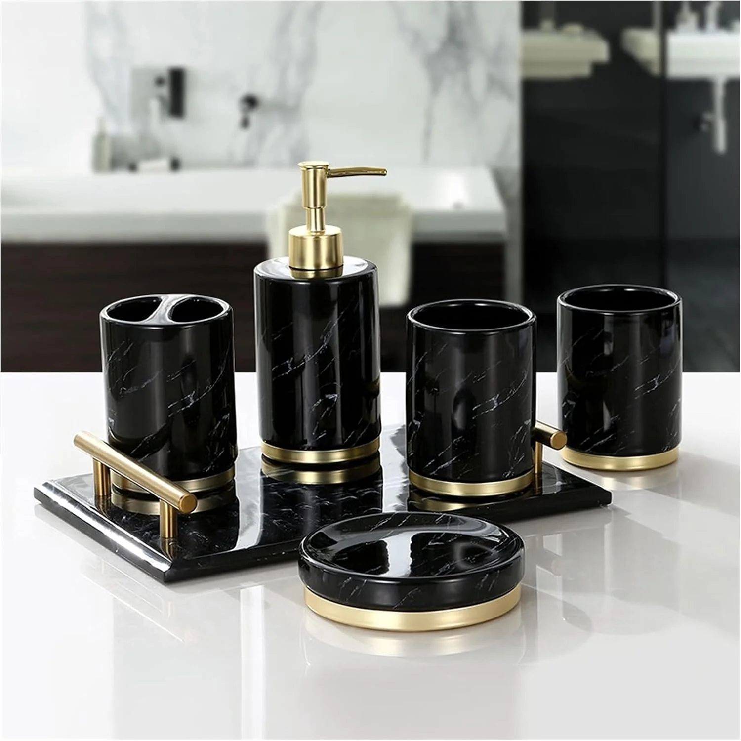 جا مایع دستشویی طرح سنگ مرمر سیاه و سفید، ست 6 تکه جا مایع ظرفشویی سرامیکی، مناسب منزل، هتل، حمام، آشپزخانه، لوازم جانبی حمام هتل، جا لوسیون